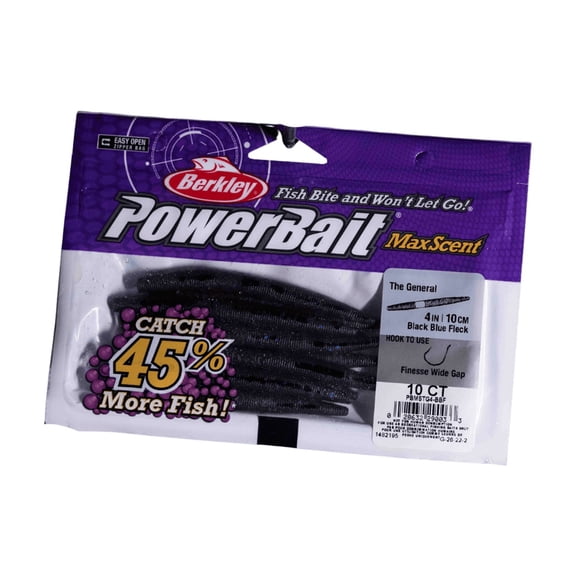 Berkley PowerBait® MaxScent The General Fishing Bait, Black Blue Fleck, 4in | 10cm, Soft Stick Bait with Irresistible Scent & Flavor, Classic Stick Bait Action, Deadly Bass Fishing Bait