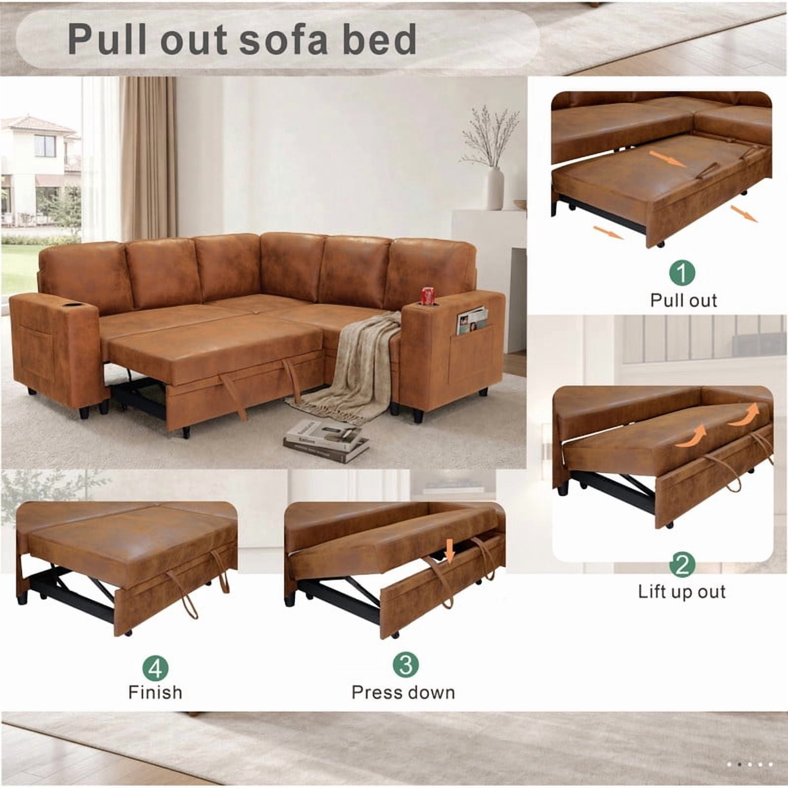 L-Shape Sectional Sofa with Pull-Out Sleeper Bed, Storage Chaise, Cup Holders & Side Pockets, Convertible Corner Sofa Couch for Living Room, Apartment & Guest Room