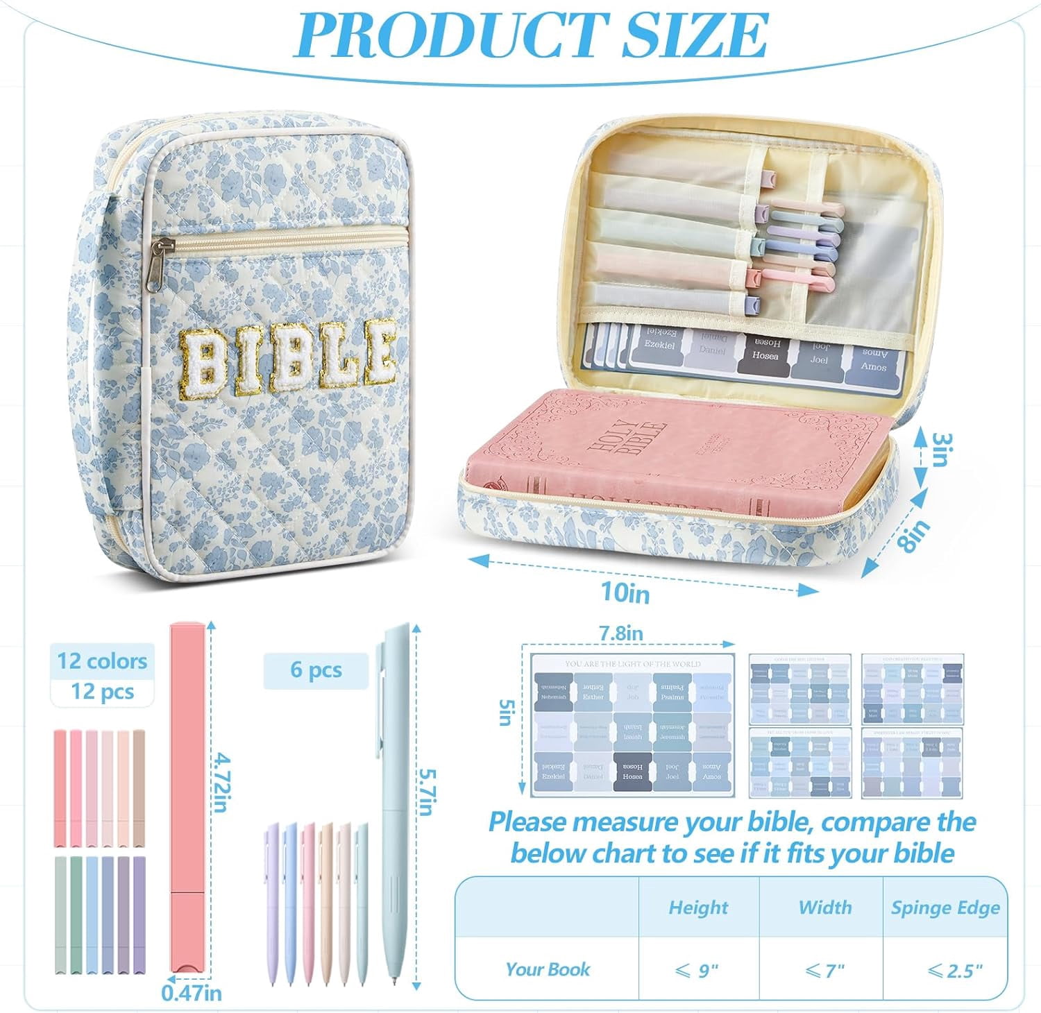 Quilted Bible Cover Case for Women Large Carrying Bag Book Tote Bags Bible Bag with Handle Bible Study Supplies Christian Gifts  for Church Religious with Organizer Tabs 6 Colored Pens 6 Highlighters