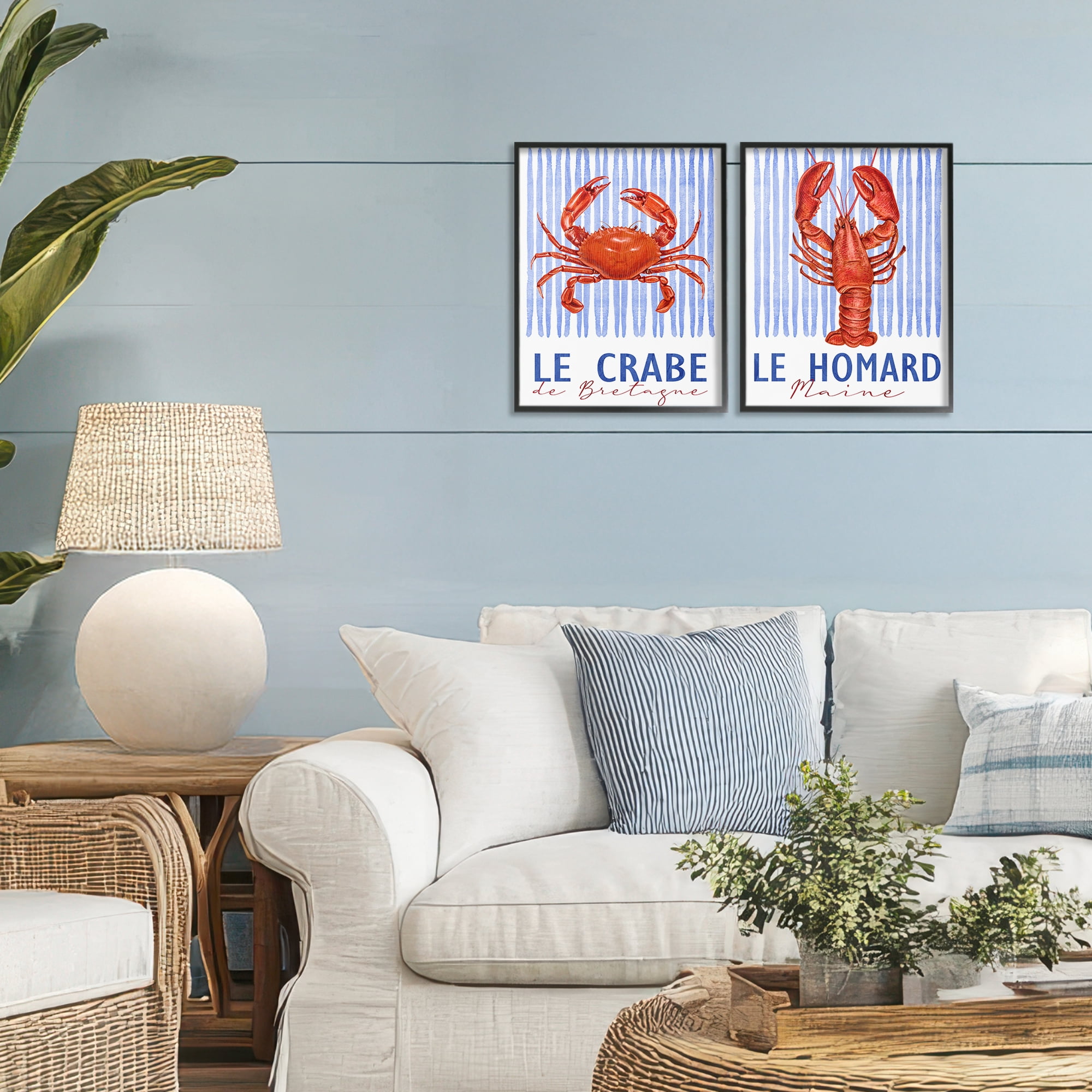 Stupell Industries Nautical Stripes Sea Creatures 2 Piece Black Framed Giclee Art Set, design by Kim Allen