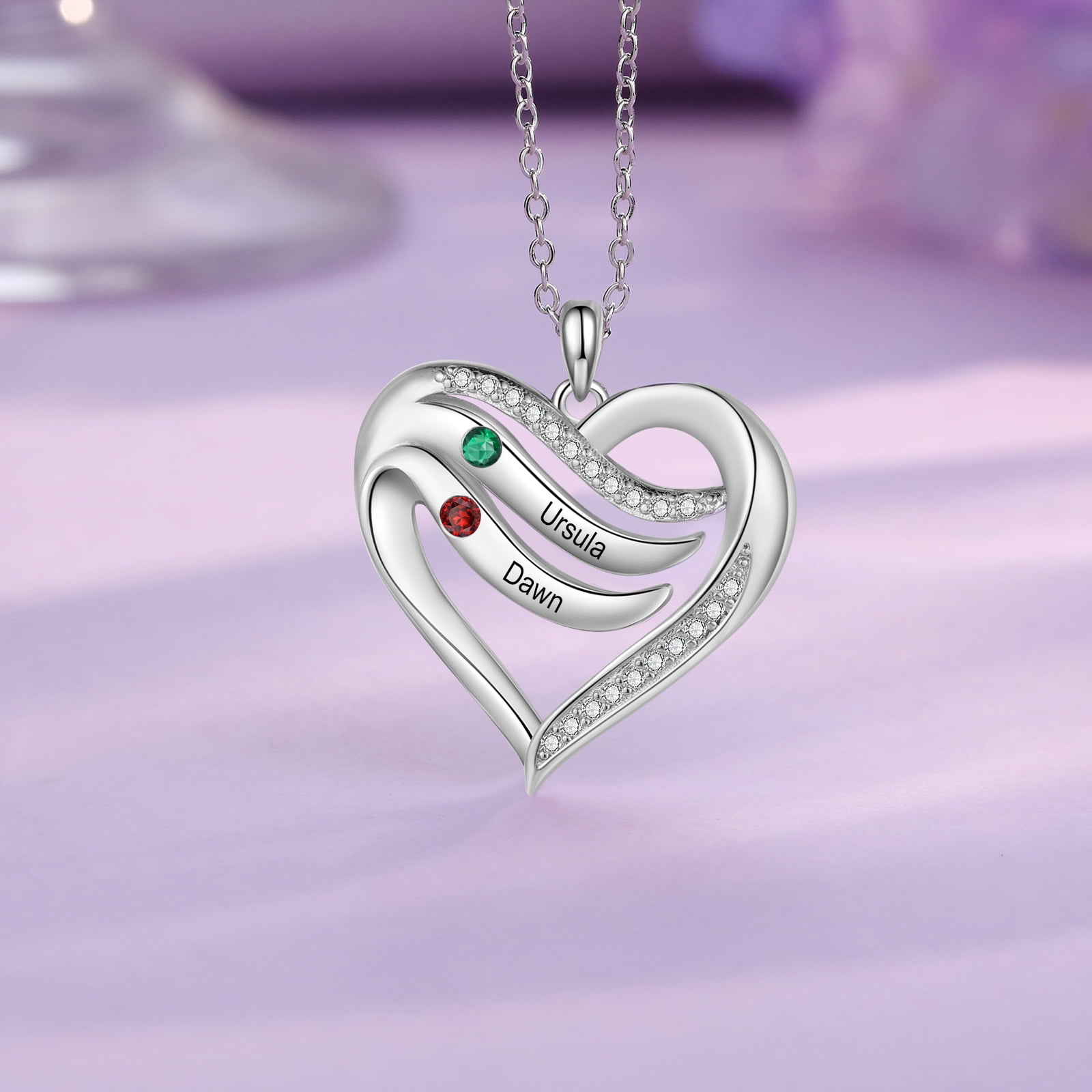 Mementos Personalized Family Mother's (Women's) Necklace Sterling Silver with 2 Birthstones Names