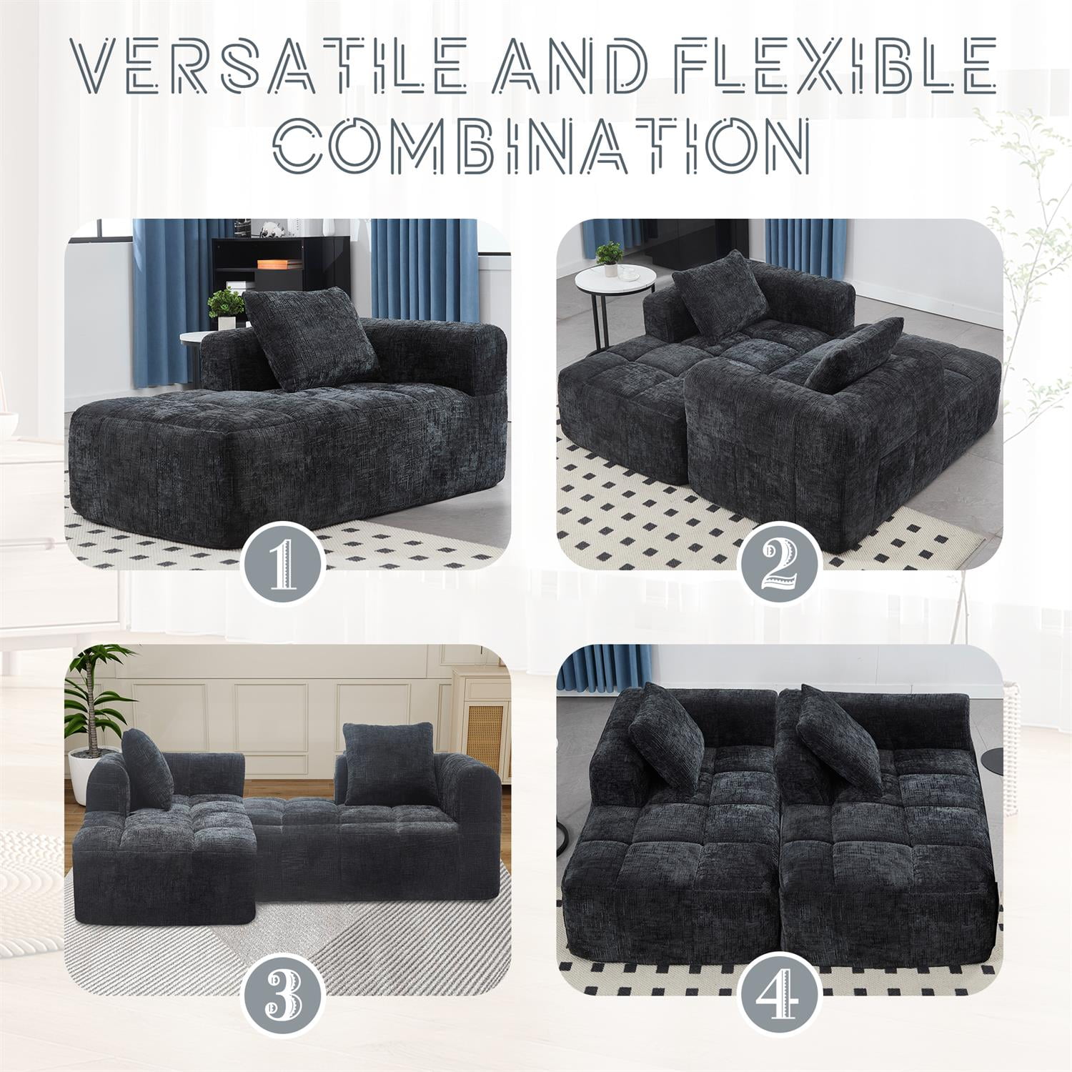 Demi Bonn 62" Plush Chenille Loveseat Sofa, Modular Sleeper for Living Room, Bedroom, Apartment Lounge, Stylish & Comfortable Couch, Black