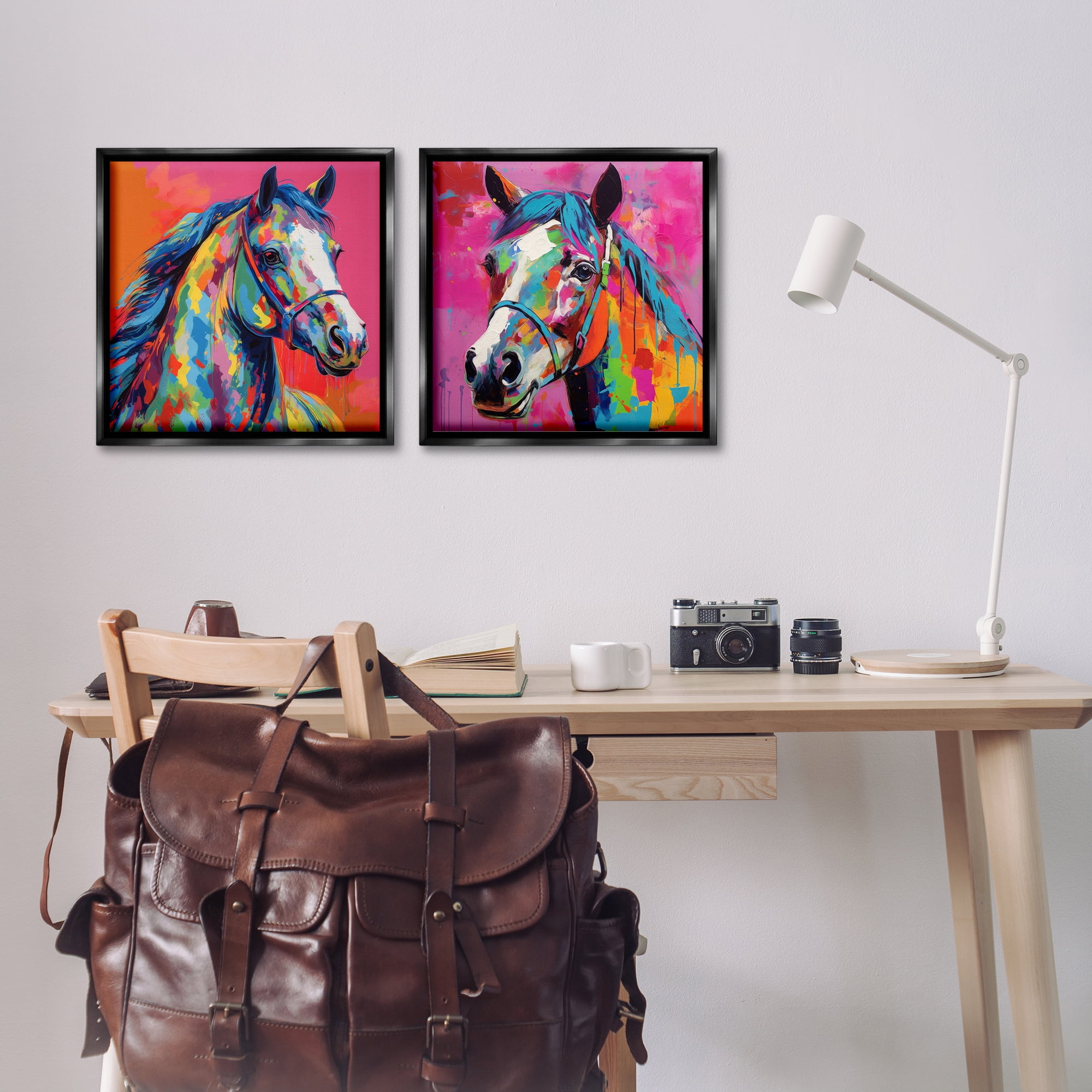 Stupell Industries Bright Neon Horse Portrait Animals Painting Black Floater Framed Canvas Art Print Wall Art, 18 x 18, Set of 2