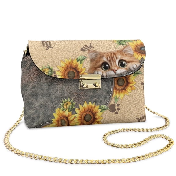 Pzuqiu Sunflower Cat Leather Crossbody Bag Trendy Craftsmanship Small Leather Crossbody Bags for Women Soft Compact with Chain Strap Fashion for Teen Girls-Women