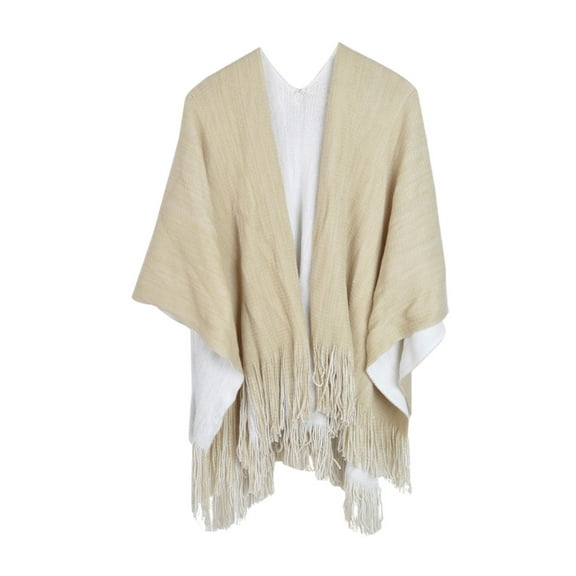 Premium Two Tone Reversible Soft Knit Fringe Shawl Wrap Poncho Cape