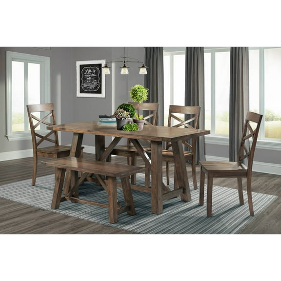 Picket House Furnishings Regan 6-Piece Dining Set, 4 Side Chairs & Bench, Walnut