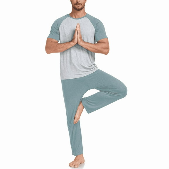 ANLIQI Men's Pajama Sets Short Sleeve Top & Pant Soft Bamboo Rayon Pjs Set Lounge Sleepwear for Men (Grey Blue L)