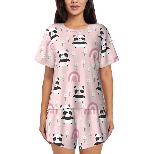 Fotbe Cute Cartoon Panda Conjunto de Pijama Estampado para Mujer, 2 Piezas, Ropa de Dormir con Camiseta de Manga Corta y Shorts Suaves-3X-Large