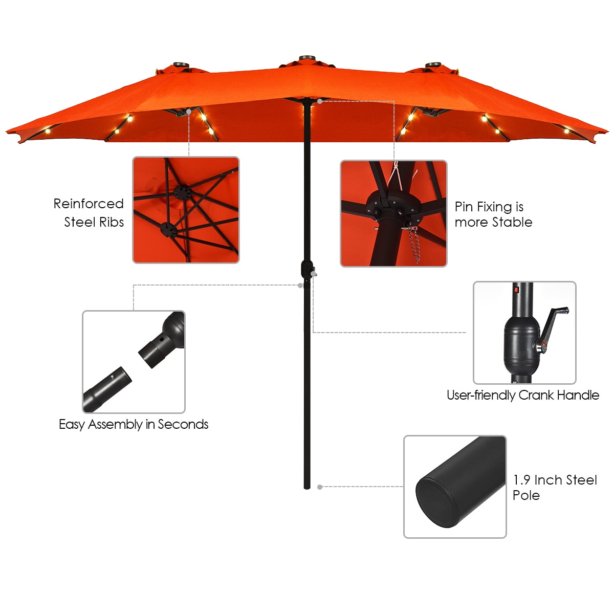 Costway 15' Orange Rectangle Market Patio Umbrella, Solar Powered, Crank, Water-Resistant