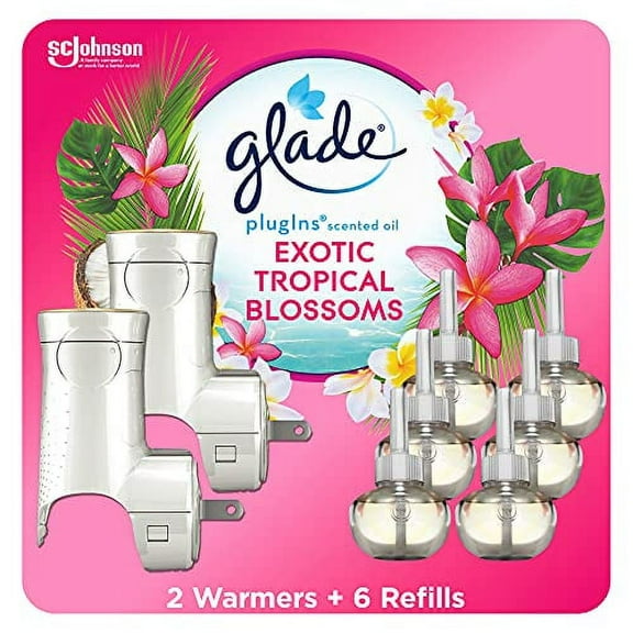 Glade PlugIns Refills Air Freshener Starter Kit, Scented and Essential Oils for Home and Bathroom, Tropical Blossoms, 4.02 Fl Oz, 2 Warmers   6 Refills