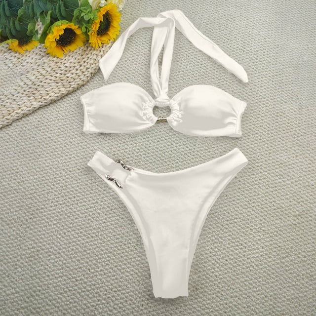 Traje de baño de 2 piezas para mujer, trajes de baño para mujer, bikinis de tirantes sin espalda de color liso para mujer, traje de baño de poliéster para mujer