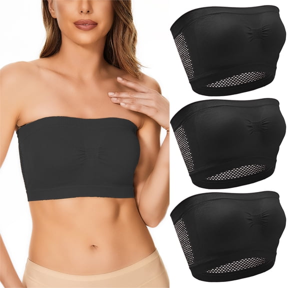 3Pcs Women Non Padded Strapless Convertible Bandeau Sports Bra - Lace Spandex, Elastic Fit, Strapless Tube Top for Yoga/Party/Summer
