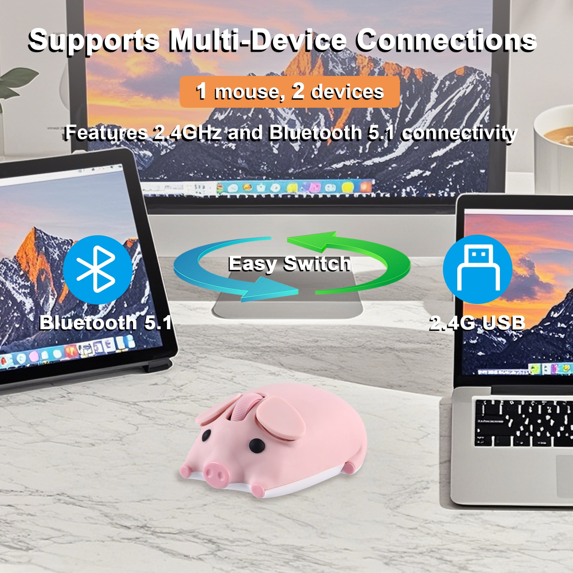 Dpisuuk Wireless Bluetooth Mouse Cute Animal Pig Shape 2.4G & Bluetooth Dual Mode Computer Mice with USB Receiver Portable Compact Optical Cordless Mouse for Laptop PC Notebook Kids Gift, Pink