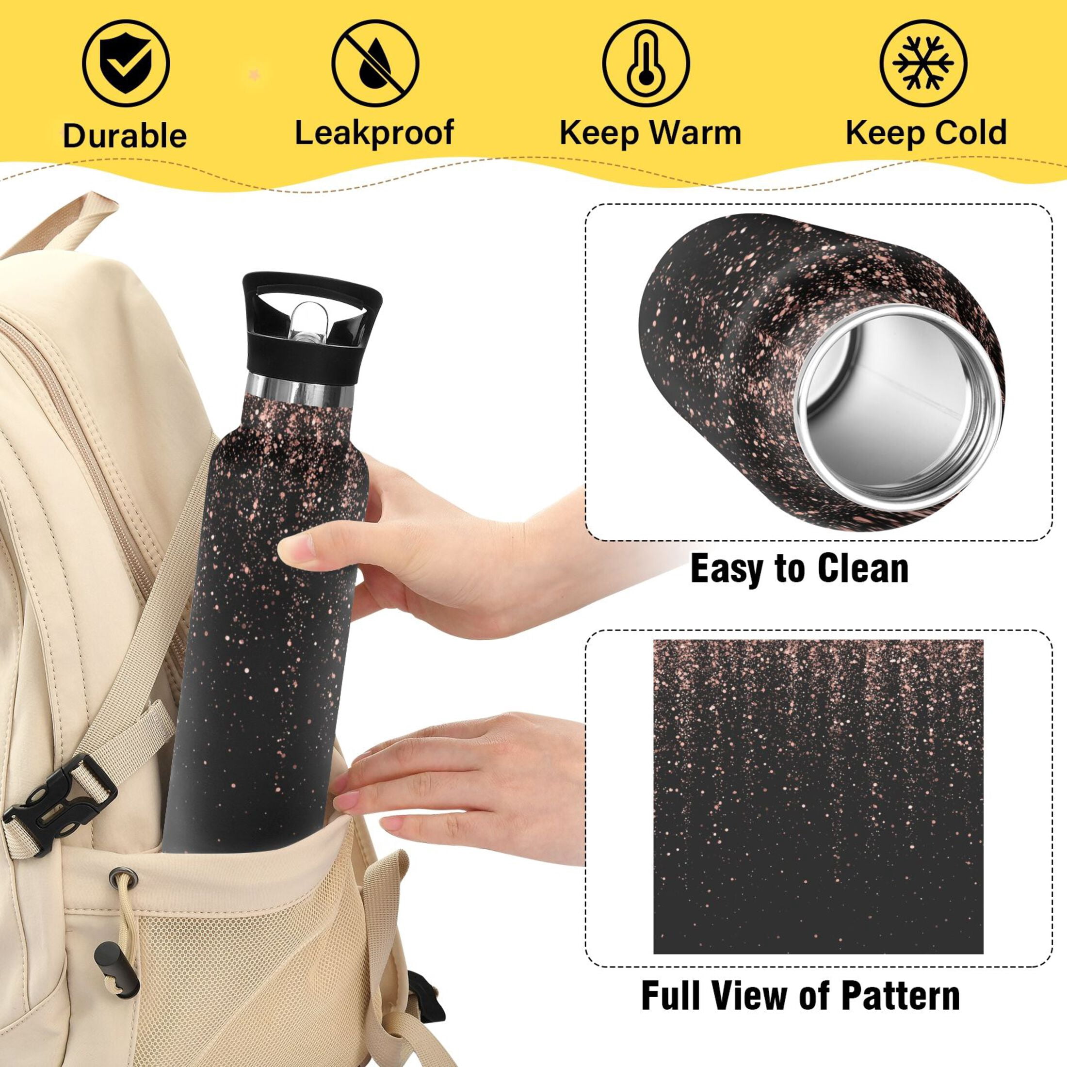 Kids Insulated Stainless Steel Sports Water Bottle 600ml (20oz) Rose Gold Glitter