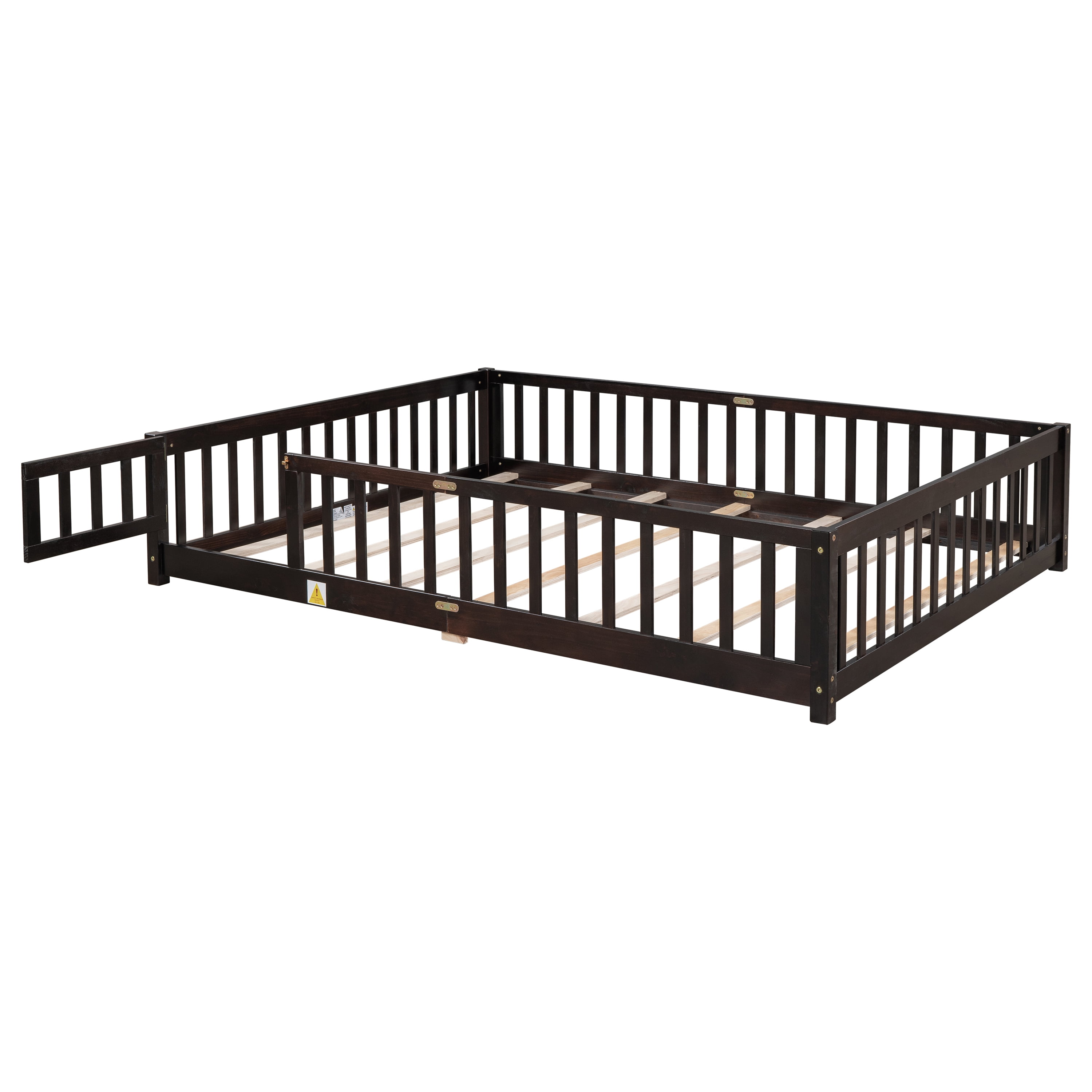 Miniyam Wood Queen Size Floor Bed with Safety Guardrails for Toddler, Espresso