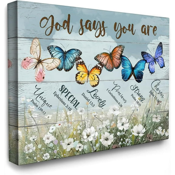 Christian Butterflies Canvas Wall Art God Says You Are Butterfly Flower Inspirational Painting Wall Decor Framed Scripture Poster Home for Living Room Bedroom Bathroom Decoration 12x16 inch