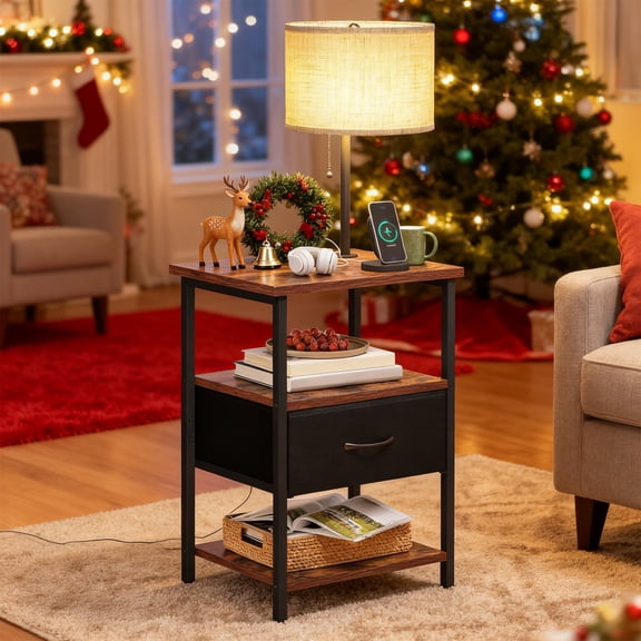 TOMNK Floor Lamp with Table, End Table for Living Room with Lamp, Shelves Side Table with Charging Station(USB & AC Port), 3 Color Temperature LED Bulb, Modern Nightstand Lamp for Bedroom, Office