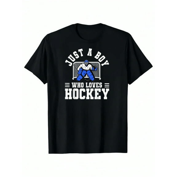 Just A Boy Who Loves Hockey Letter Print Summer Graphic T-shirts for Outdoor Sports and Daily Wearing, Young Girls T-Shirts, Size from 3-13Y