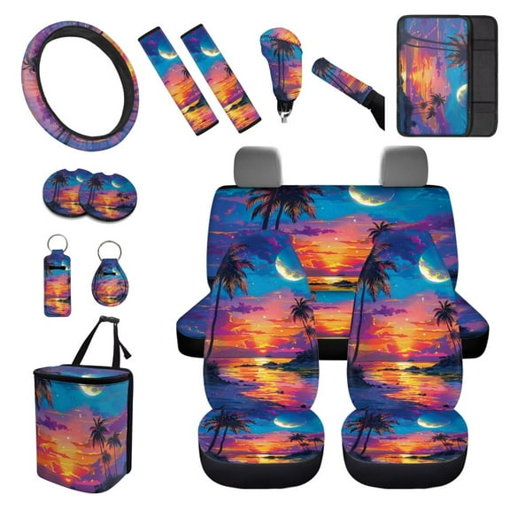 XYZCANDO Sunset Palm Tree Car Cushion Cover Seat Belt Cover Car Coasters Keychain Steering Wheel Cover Armrest Cover Fender Cover Handbrake Cover Lipstick Cover Trash Can Interior Decor