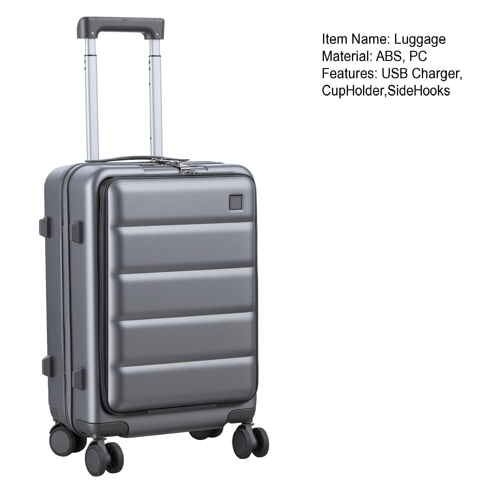 Sioweci 20 Inch Carry-On Luggage with Front Laptop Pocket, USB Charger Port & Cup Holder,360 Degrees Spinner Wheels, Side Hook, Phone Stand , TSA Lock, Suitcase,Dark Gray