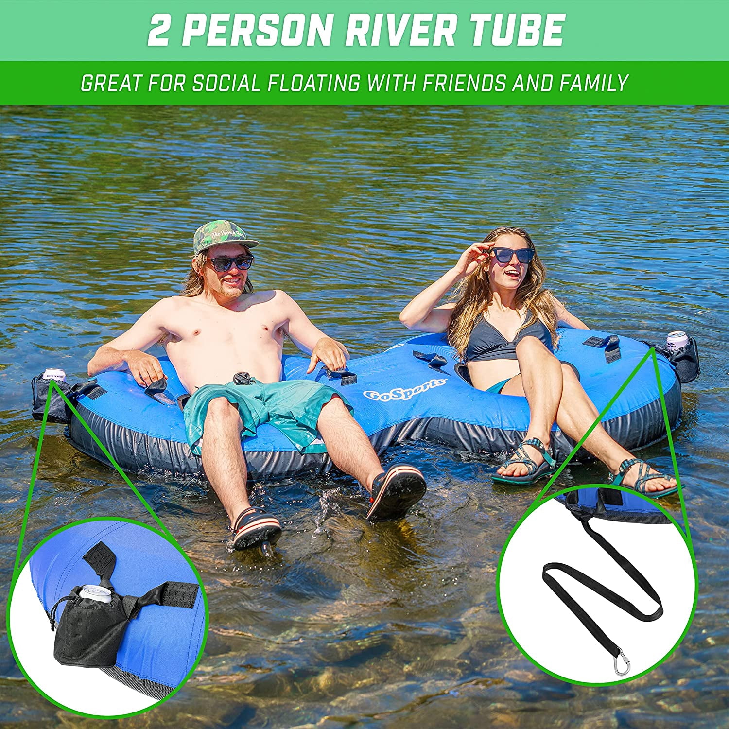 GoSports Heavy Duty 2 Person Floating River Tube with Premium Canvas Cover-Commercial Grade Double River Tube-Blue
