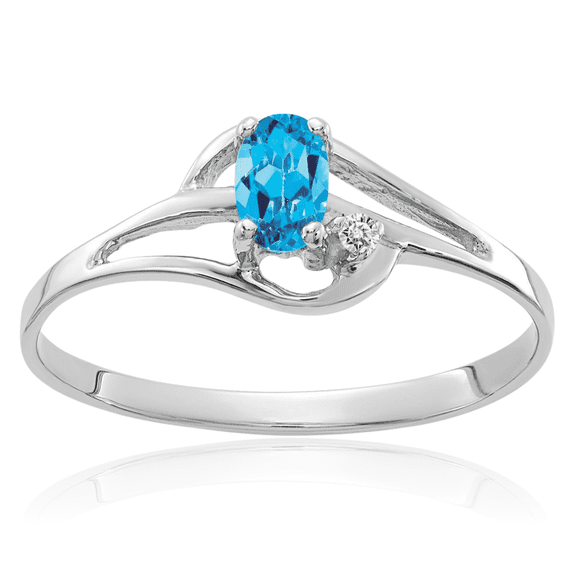 14K Solid White Gold Swiss Blue Topaz Diamond Ring Gemstone Band December Birthstone Jewelry