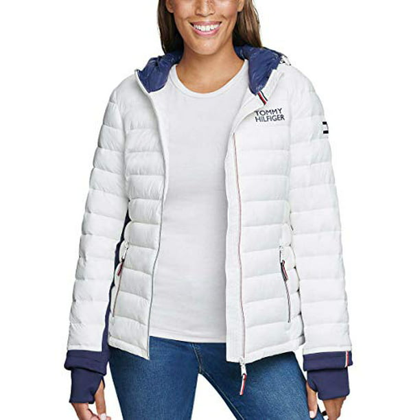 Tommy Hilfiger Womens Packable Hooded Puffer Jacket White/Navy,
