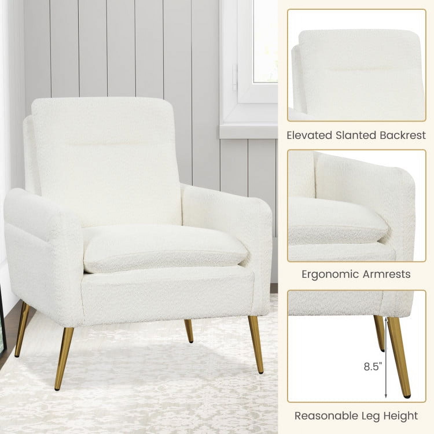 Finihen Upholstered Accent Armchair, Sherpa Accent Chair, Upholstered Sherpa Modern Accent Armchair, for Living Room, Bedroom, Reception Room, White