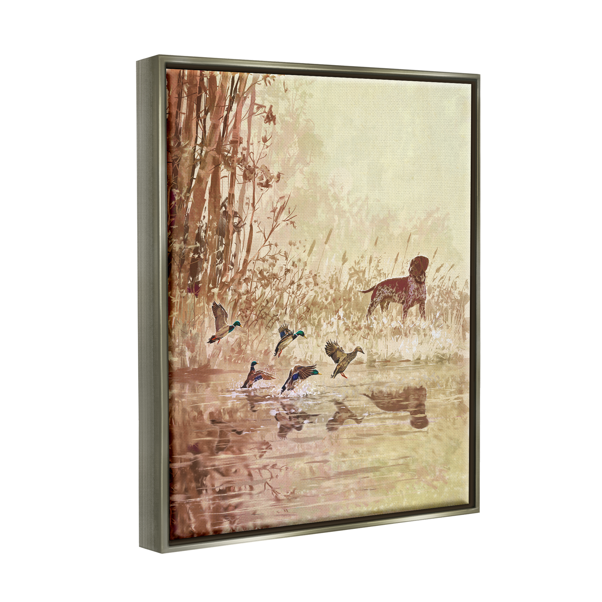 Stupell Pointer Dog & Ducks Lake Nature Animals & Insects Painting Gray Floater Framed Art Print Wall Art
