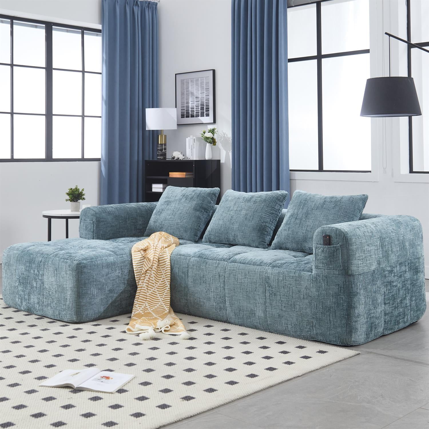 Demi Bonn 98" L-Shaped Modular Sectional Sofa with Chaise, Side Pockets, Modern Comfort Couch, Compression-Free Installation for Living Room, Blue