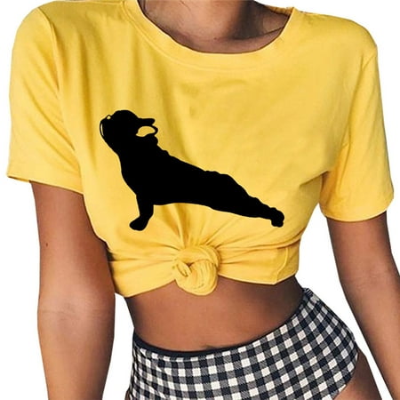 SHOPFIVE Women 2019 New Fashion French Bulldog Yoga Pose Printed T-Shirt Tops Summer Short Sleeve Round Neck Yoga Dog Print