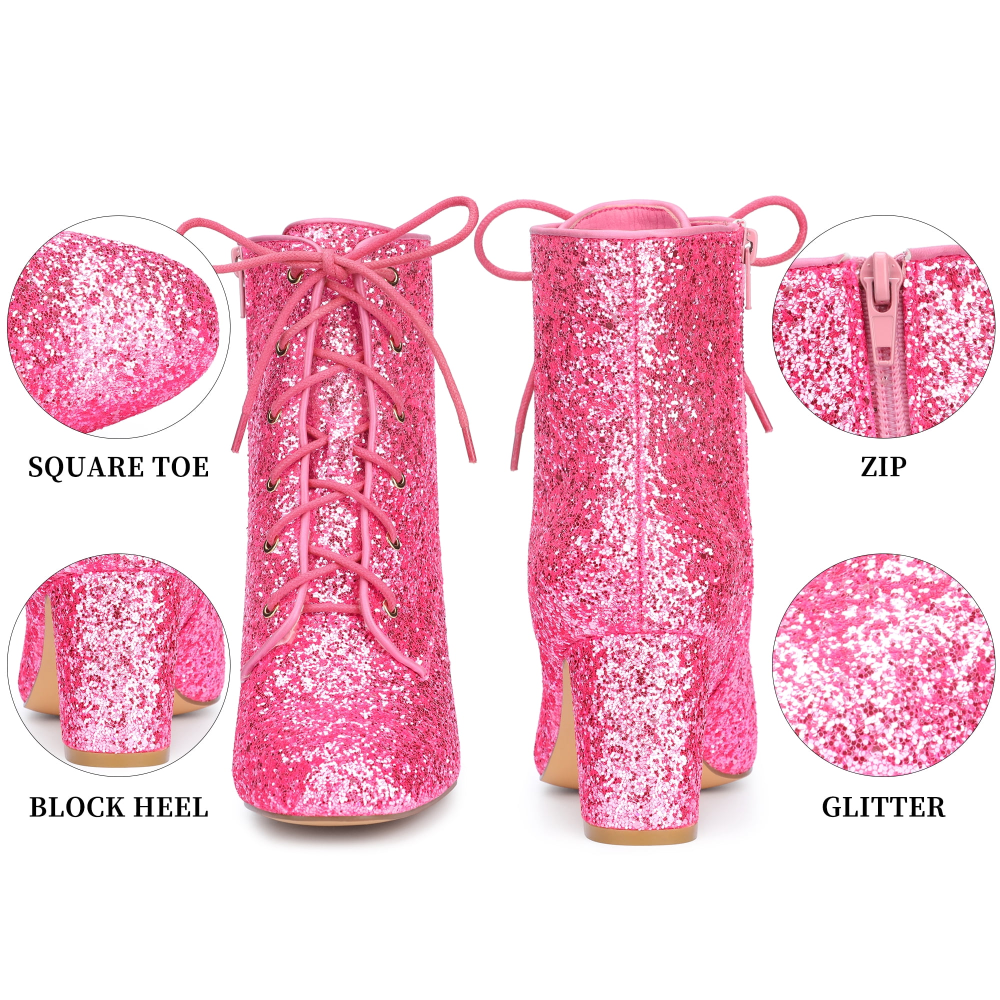 DARING DIVA Women's Square Toe Glitter Block Heels Ankle Boots Pink 10