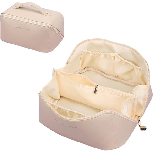 Bolsa de maquillaje, bolsa de cosméticos de viaje, organizador de maquillaje portátil, bolsa de maquillaje de cuero PU impermeable, bolsa de aseo para mujer blanca