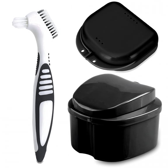 ACDANC Denture Bath Case Cup with Denture Cleaner Brush & Retainer Holder Box,Complete Clean Care for Dentures,Clear Braces,Mouth Guard,Night Guard & Retainers,Traveling