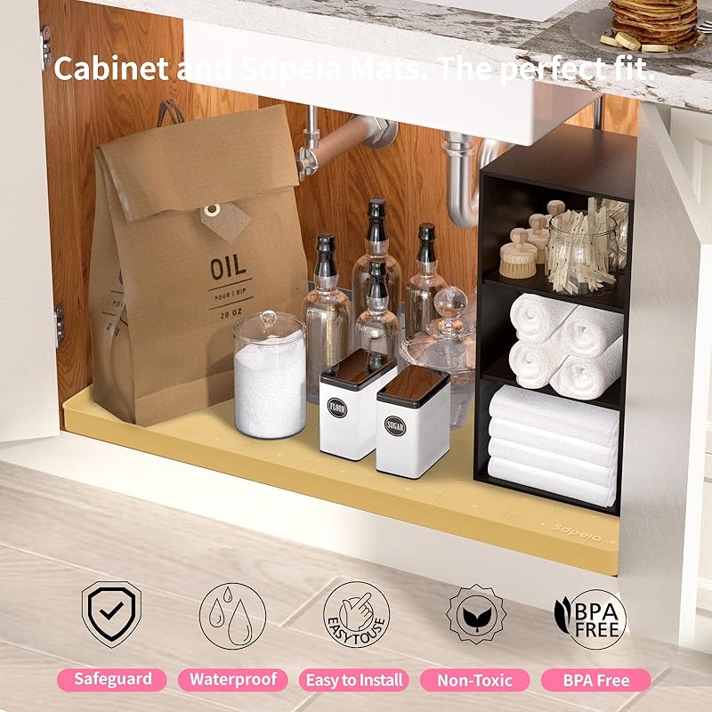 Sdpeia Under Sink Mat for [34" x 22"] Cabinet, Upgraded Silicone Waterproof Kitchen Cabinet Liner Cabinet Protector Kitchen Organizers and Storage