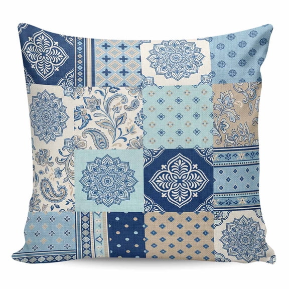 Bohemia Floral Pillow Covers 20x20 Inch Decorative Throw Pillow Cover, Retro Mediterranean Texture Patchwork Blue Sofa Pillowcases Accent Cushion Case Home Decor Bedroom Living Room