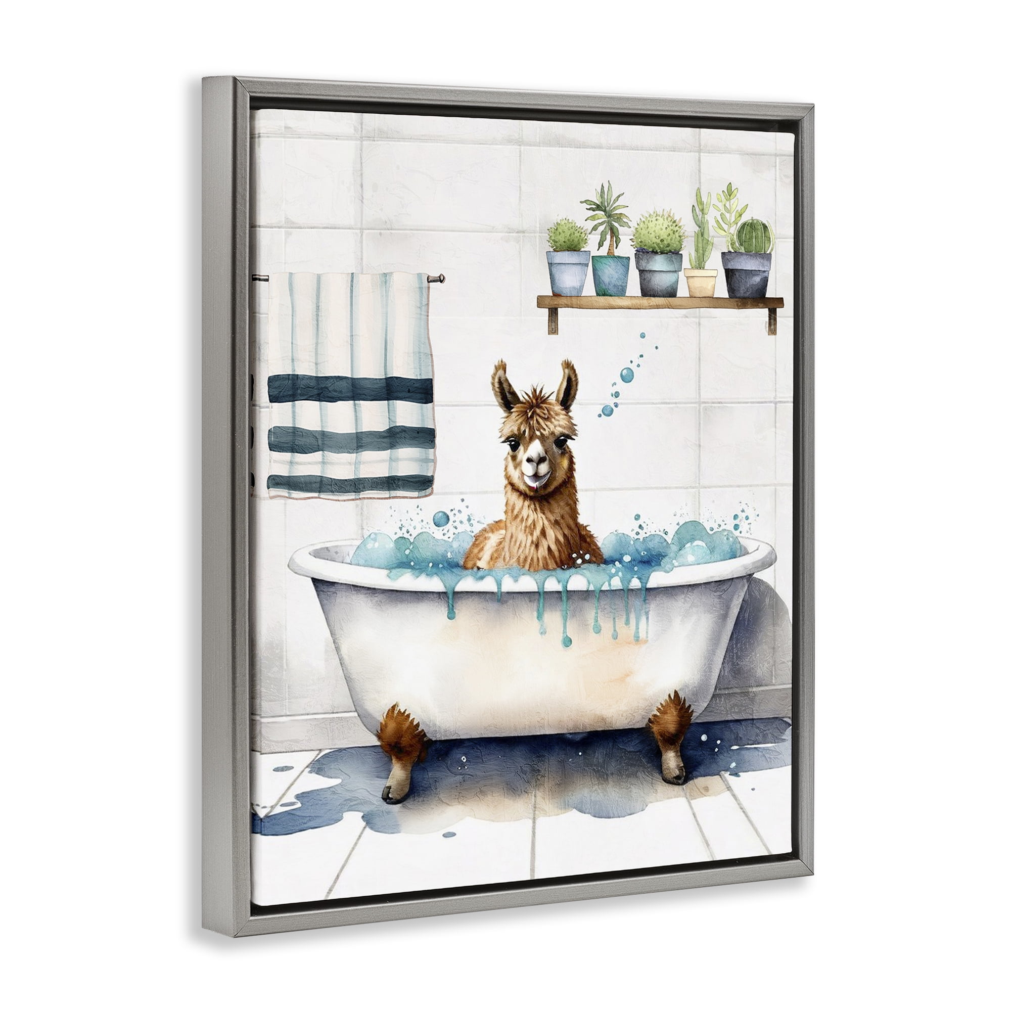 Stupell Industries Alpaca Bathtime Suds Bath & Laundry Painting Gray Floater Framed Canvas Art Print Wall Art, 25 x 31