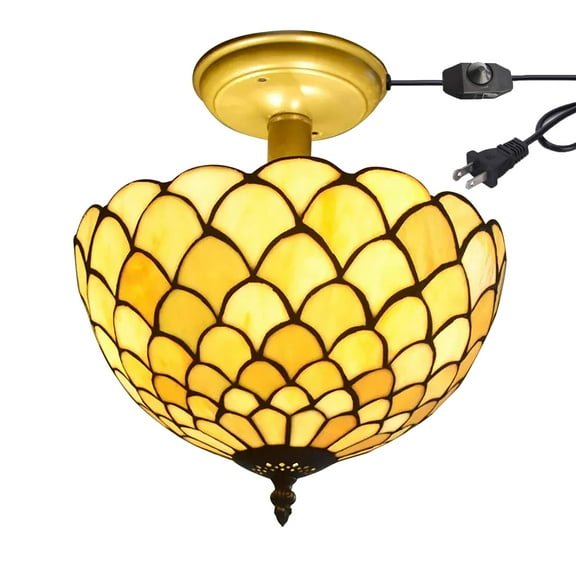Kiven 11.8in Flush Mount Ceiling Light Fixture Dimmable, 2-Light Anti Glare Close to Ceiling Light with 15FT Plug-in Cord, Tiffany-Style Glass Chandelier for Bedroom Kitchen Hallway(No.3184)