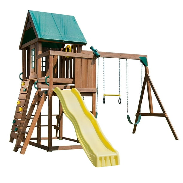 SwingNSlide Altamont Wooden Swing Set with Slide, Swings and Climbing