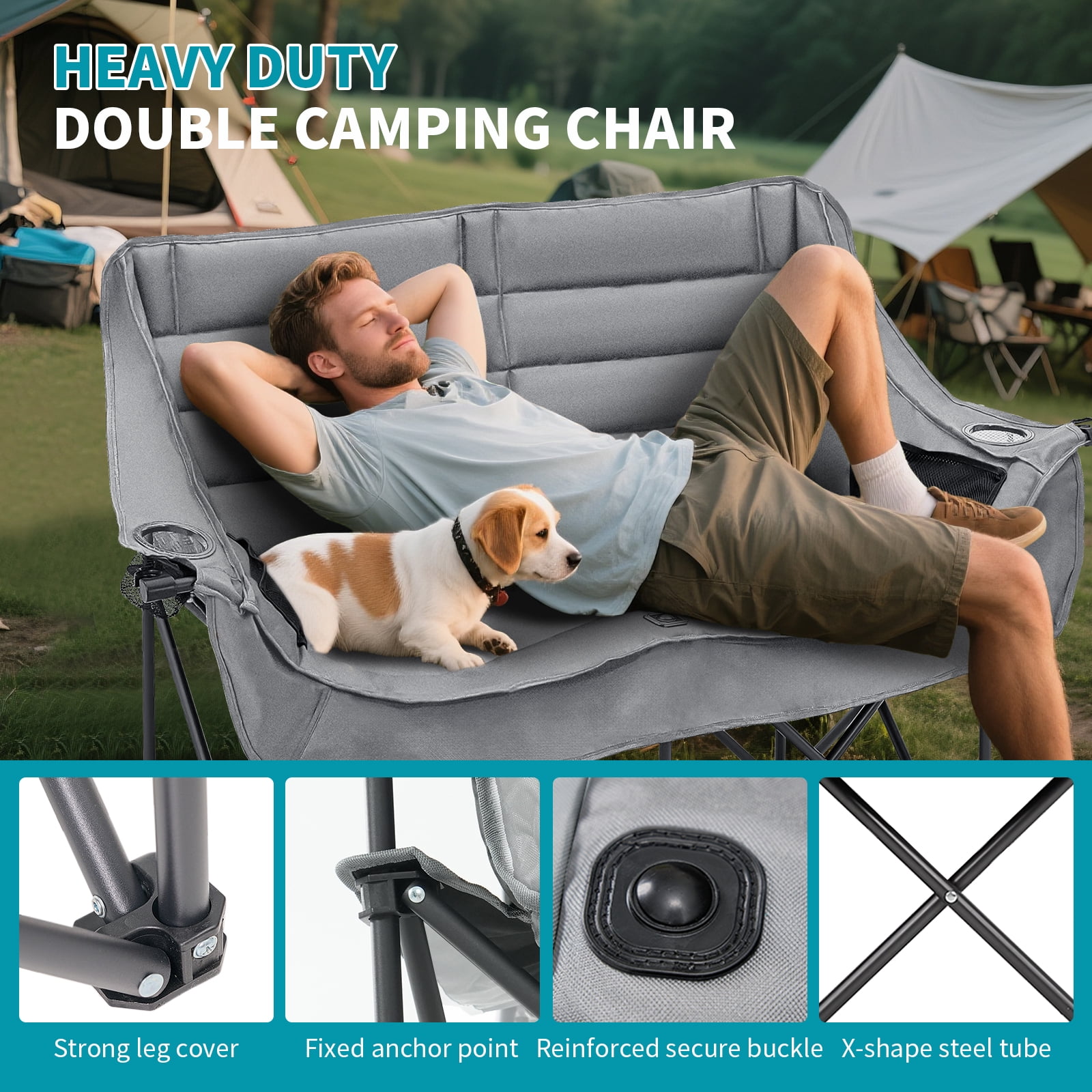 Slsy XXXL Oversized 2 Person Fully Padded Camping Chair, Folding Loveseat Camping Couch Double Camping Chairs Heavy Duty Portable Lawn Chair Patio Chair, Supports 990 LBS