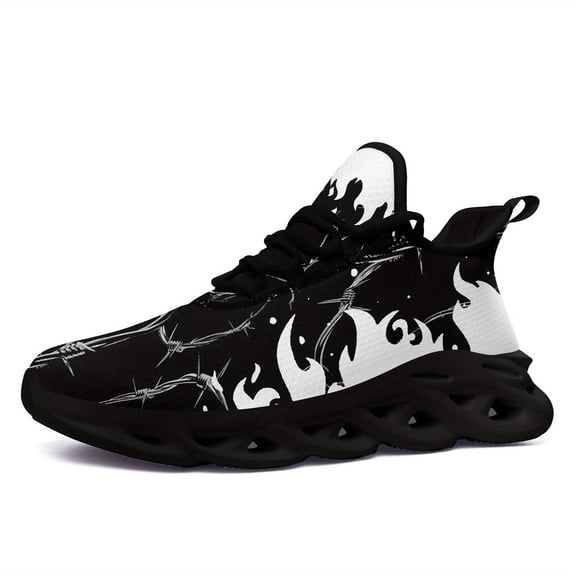 Coolcustomize Men's Plus Size Punk Style Sneakers - Black & White Flame Pattern Low-Top Casual Shoes with Lightweight Cushioned EVA Sole, Breathable Fabric Upper & Lace Closure for Running, Travel