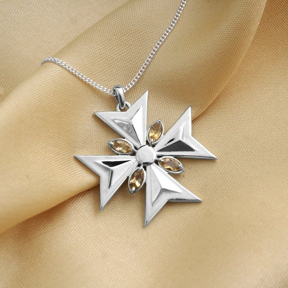 Citrine Pendant Necklace, Birthstone Jewelry, Maltese Cross Pendant, 925 Sterling Silver