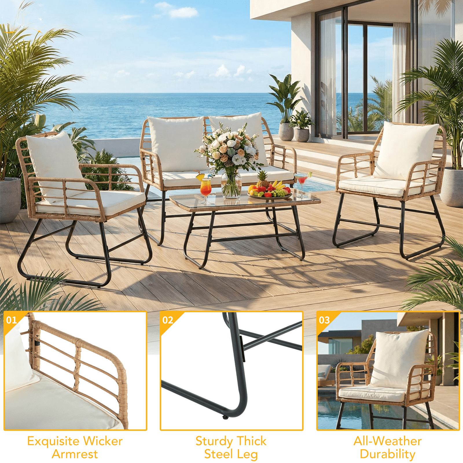 SHOUFTW 4 Piece Patio Furniture Set, Outdoor Patio Seating Set for Apartment Balcony, Space-Saving Rattan Conversation Set with Loveseat and Side Table for Patio, Front Porch & Pool, Small Spaces