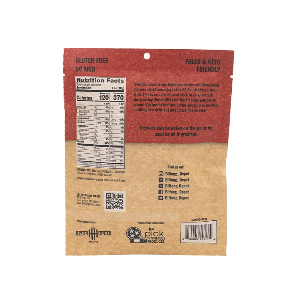 Biltong Depot Smoked Drywors (1 pound): High Protein Snack, No Sugar, Natural Dried Beef Sausage Stick