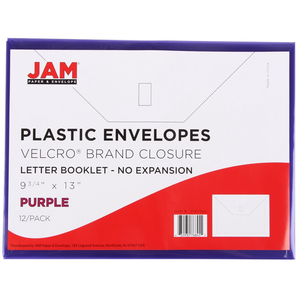 JAM Paper Plastic Envelopes with Hook & Loop Closure, Letter Booklet, 9 3/4 x 13, Purple, 3/Pack