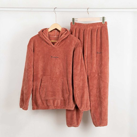 Mutghys Winter Pajamas for Women Set Fleece Hooded Long Sleeve Top with Pockets Elastic Waist Long Pants Home Lounging Soft Comfy Warm Sleepwear Set
