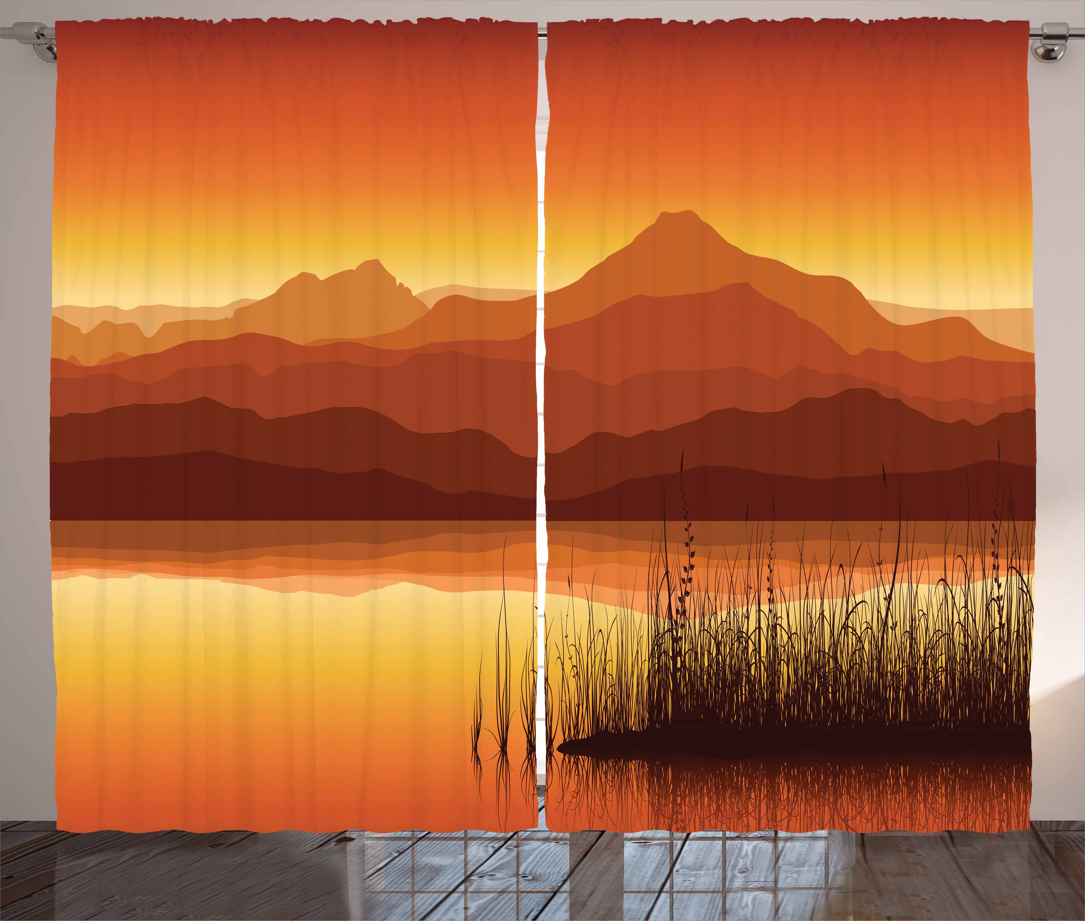 Lake Curtains 2 Panels Set, Abstract Landscape with Huge Mountains at