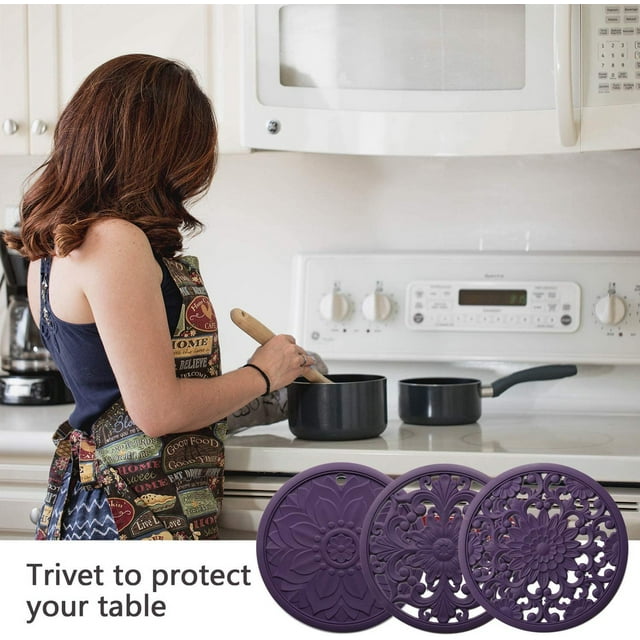 MORESEC under $5 Silicone Trivet MatSet of 3 Heat Resistant Hot Pot Pads, Non-Slip and Dishwasher Safe, Decorative Carved Patterns, Protects Countertops
