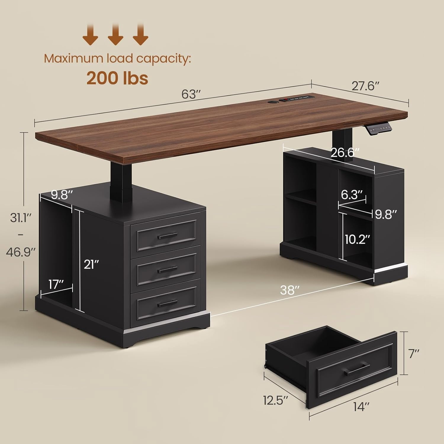 Electric Standing Desk with 3 Wood Drawers, Farmhouse Computer Desk with Power Outlets & Open Shelves, 63" Height Adjustable Home Office Desk, Stand Up Desk with Spacious Desktop & Storage, Black