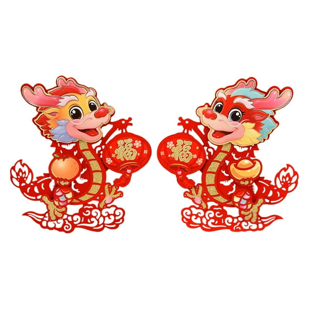 2 pegatinas para puerta de año nuevo chino, dragón para ventana de año nuevo, decoración de año nuevo chino 2024, para festivales de , Telas no Telas no tejidas
